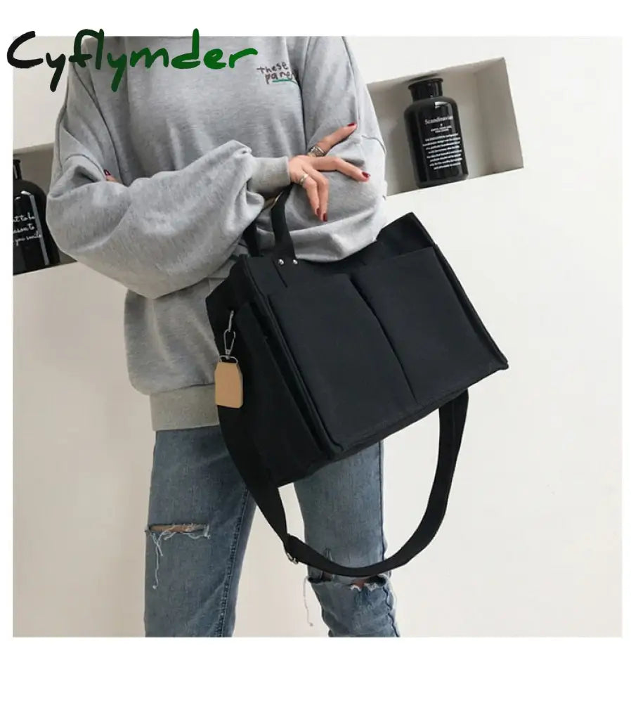 Cyflymder Women Casual Canvas Shoulder Bag Ladies Exterior Pockets Crossbody Bags Solid Thick