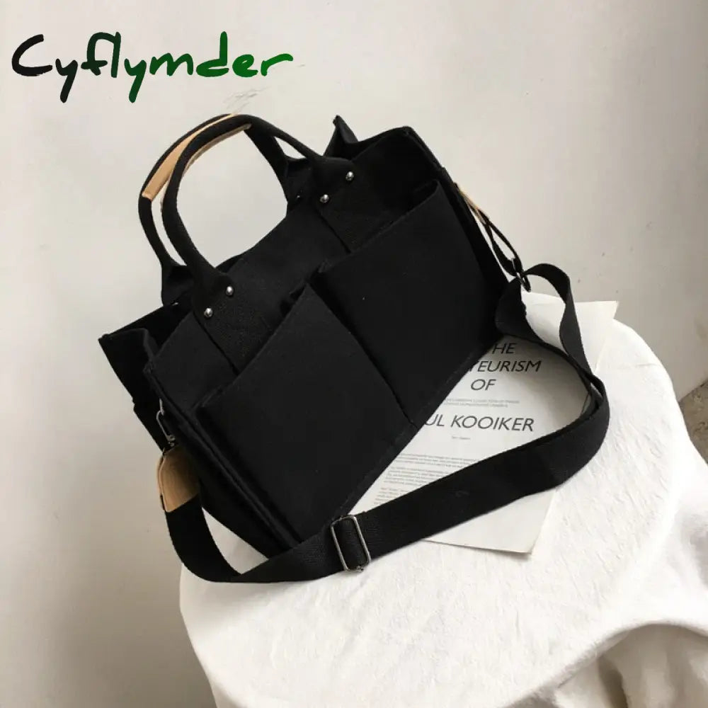 Cyflymder Women Casual Canvas Shoulder Bag Ladies Exterior Pockets Crossbody Bags Solid Thick