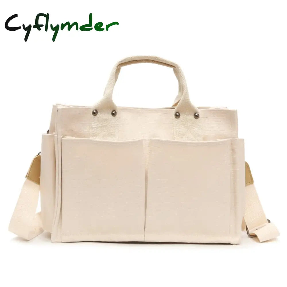 Cyflymder Women Casual Canvas Shoulder Bag Ladies Exterior Pockets Crossbody Bags Solid Thick