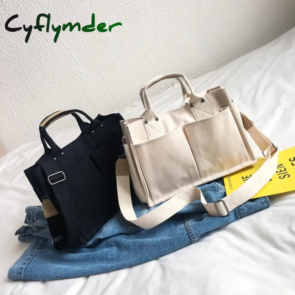 Cyflymder Women Casual Canvas Shoulder Bag Ladies Exterior Pockets Crossbody Bags Solid Thick