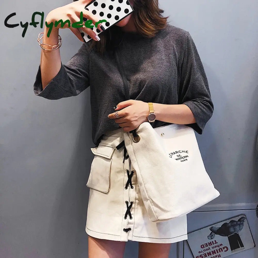 Cyflymder Women Casual Canvas Shoulder Bags Pu Leather Strap Female Cloth Crossbody Bag Lady