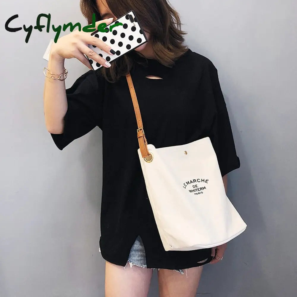 Cyflymder Women Casual Canvas Shoulder Bags Pu Leather Strap Female Cloth Crossbody Bag Lady