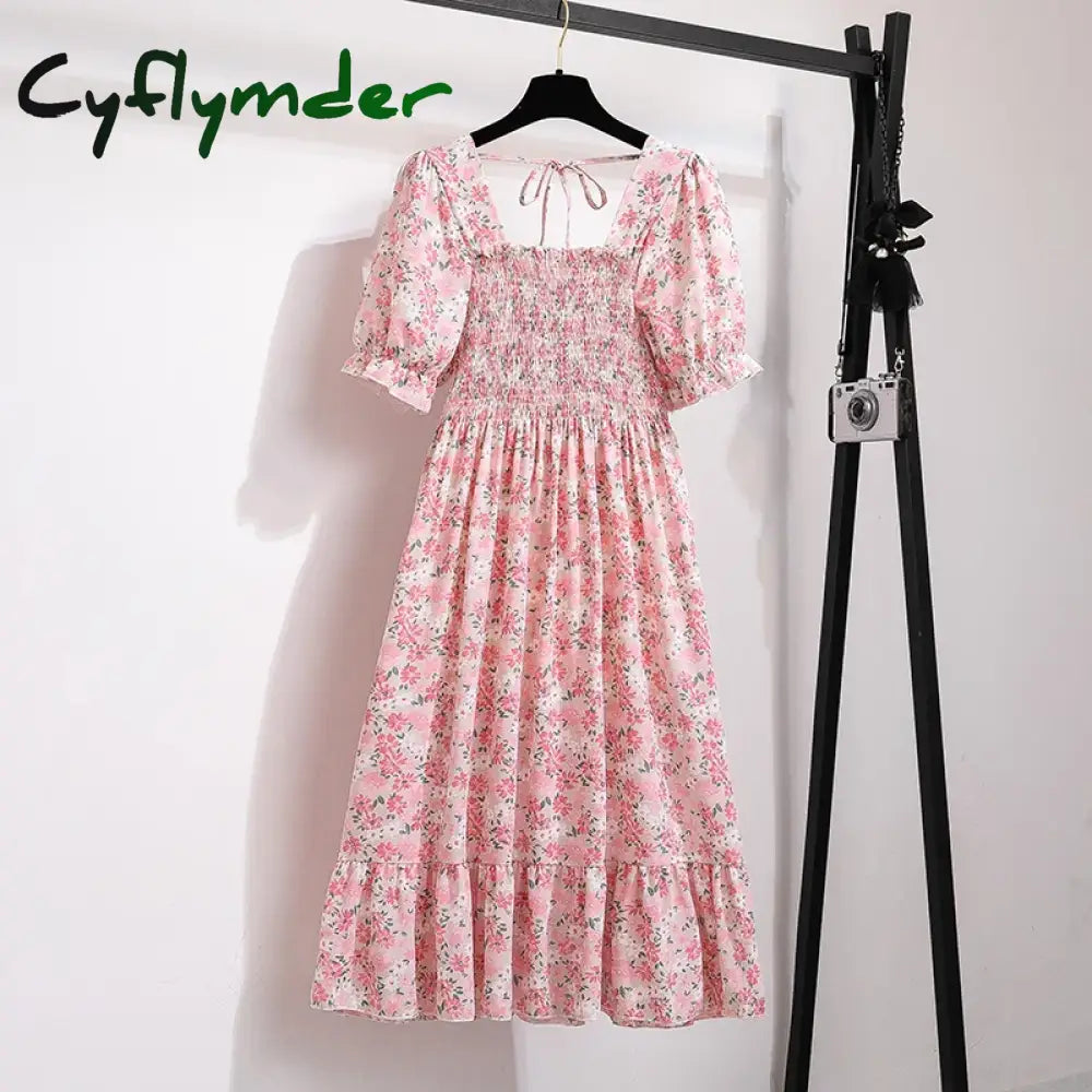 Cyflymder Women Chiffon Dresses Pleated Beach Holiday Short Sleeve Square Collar Casual Dress Woman