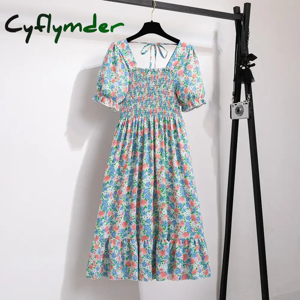 Cyflymder Women Chiffon Dresses Pleated Beach Holiday Short Sleeve Square Collar Casual Dress Woman