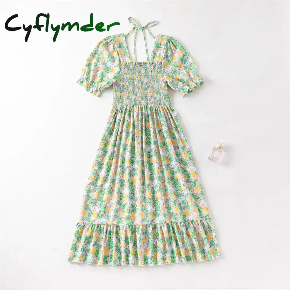 Cyflymder Women Chiffon Dresses Pleated Beach Holiday Short Sleeve Square Collar Casual Dress Woman