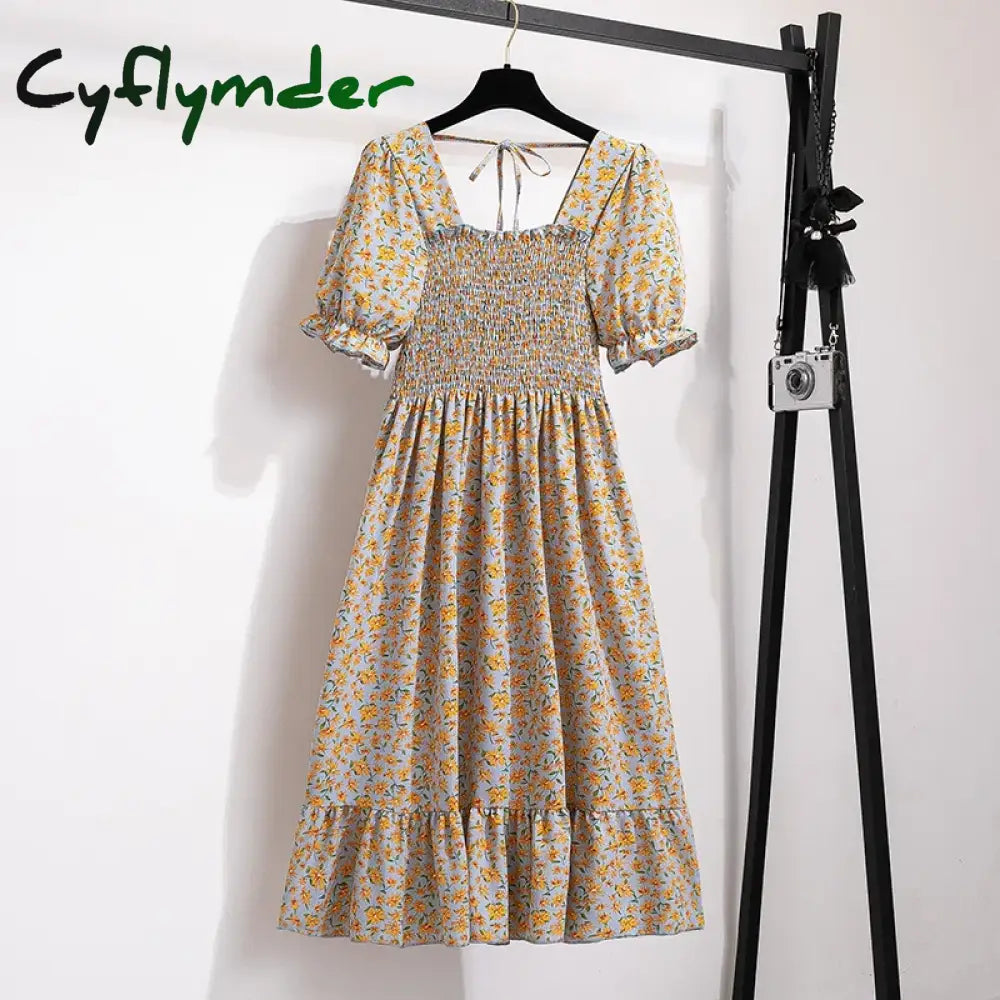 Cyflymder Women Chiffon Dresses Pleated Beach Holiday Short Sleeve Square Collar Casual Dress Woman