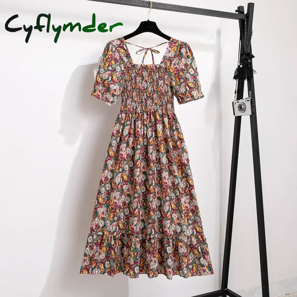 Cyflymder Women Chiffon Dresses Pleated Beach Holiday Short Sleeve Square Collar Casual Dress Woman
