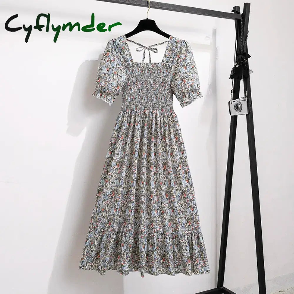 Cyflymder Women Chiffon Dresses Pleated Beach Holiday Short Sleeve Square Collar Casual Dress Woman