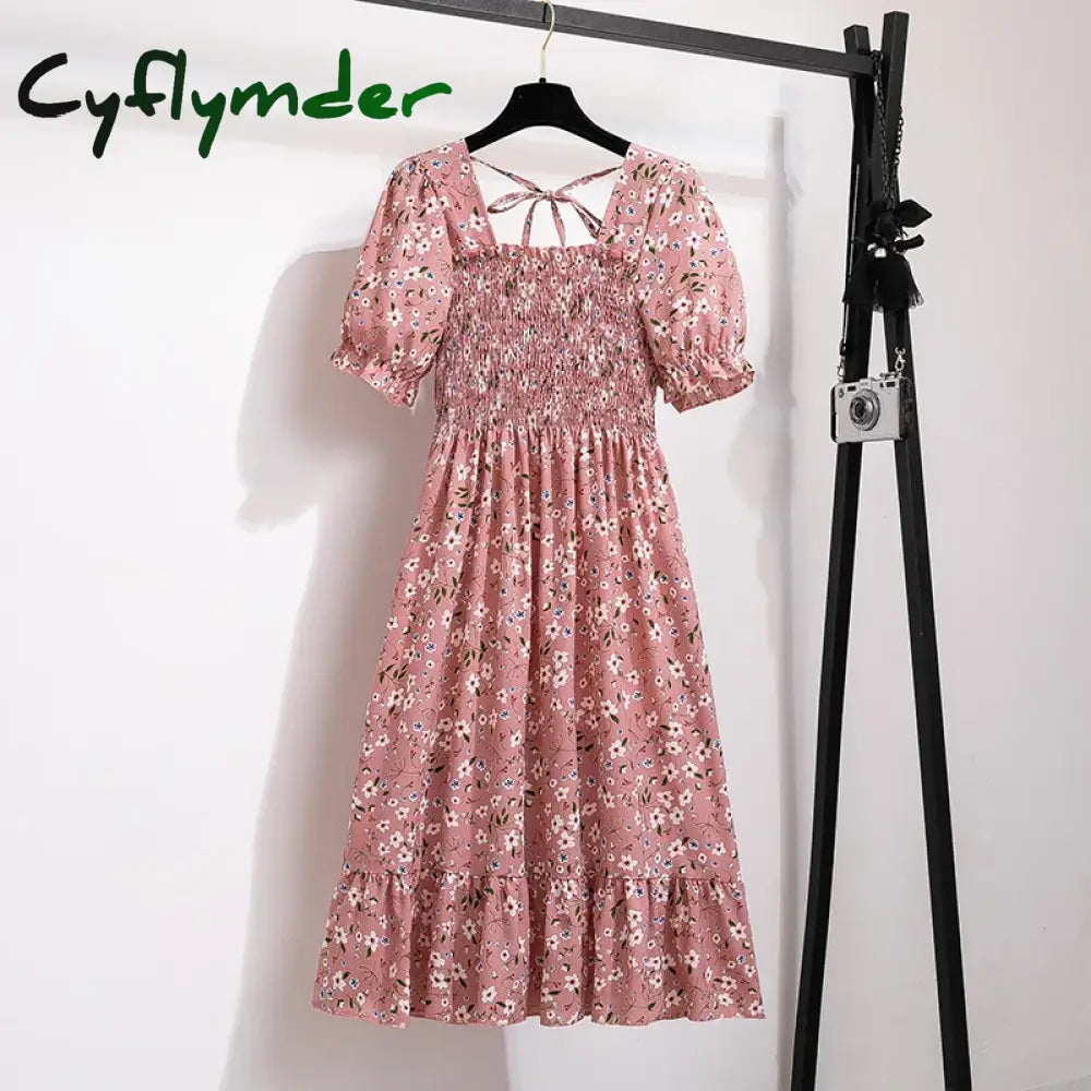 Cyflymder Women Chiffon Dresses Pleated Beach Holiday Short Sleeve Square Collar Casual Dress Woman