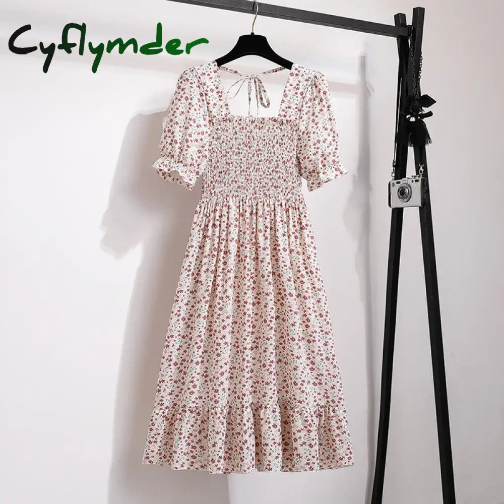 Cyflymder Women Chiffon Dresses Pleated Beach Holiday Short Sleeve Square Collar Casual Dress Woman