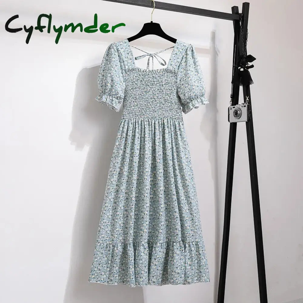 Cyflymder Women Chiffon Dresses Pleated Beach Holiday Short Sleeve Square Collar Casual Dress Woman