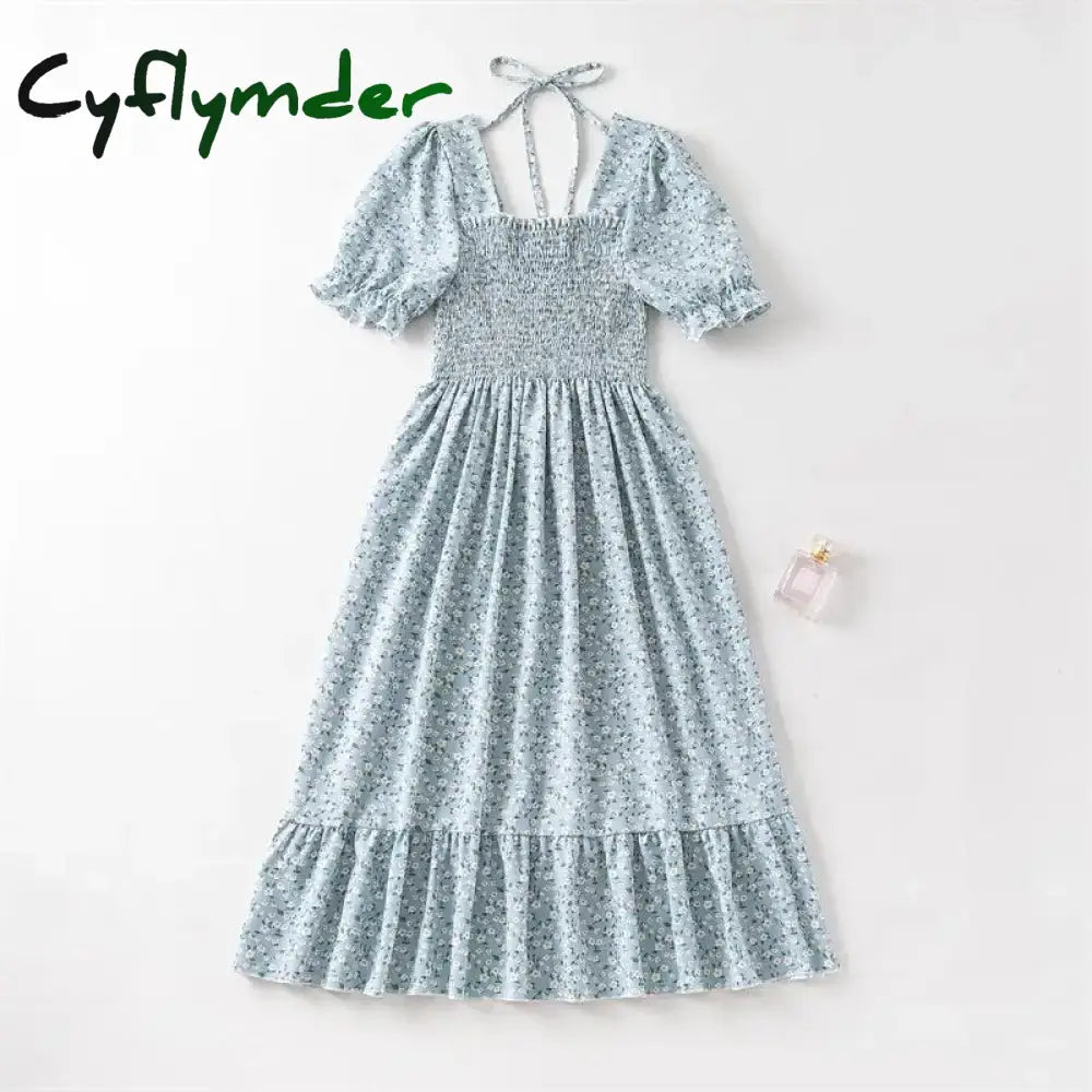 Cyflymder Women Chiffon Dresses Pleated Beach Holiday Short Sleeve Square Collar Casual Dress Woman