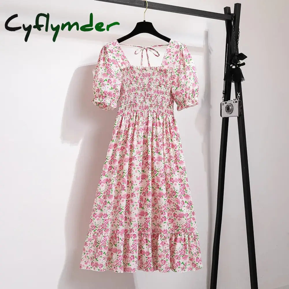 Cyflymder Women Chiffon Dresses Pleated Beach Holiday Short Sleeve Square Collar Casual Dress Woman