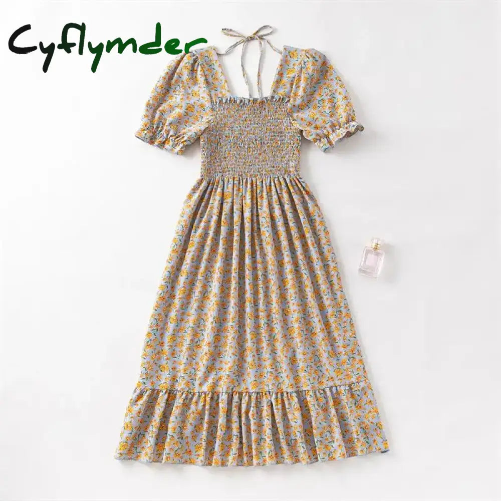 Cyflymder Women Chiffon Dresses Pleated Beach Holiday Short Sleeve Square Collar Casual Dress Woman