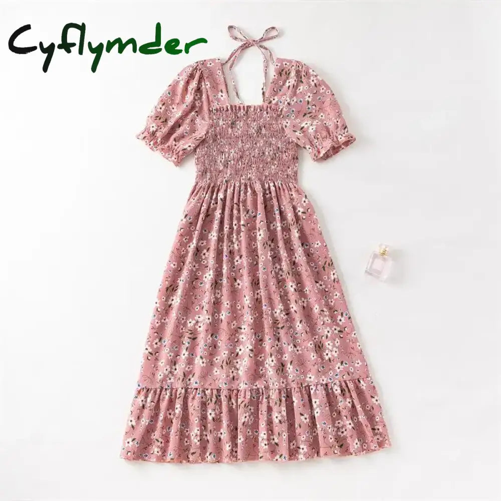 Cyflymder Women Chiffon Dresses Pleated Beach Holiday Short Sleeve Square Collar Casual Dress Woman