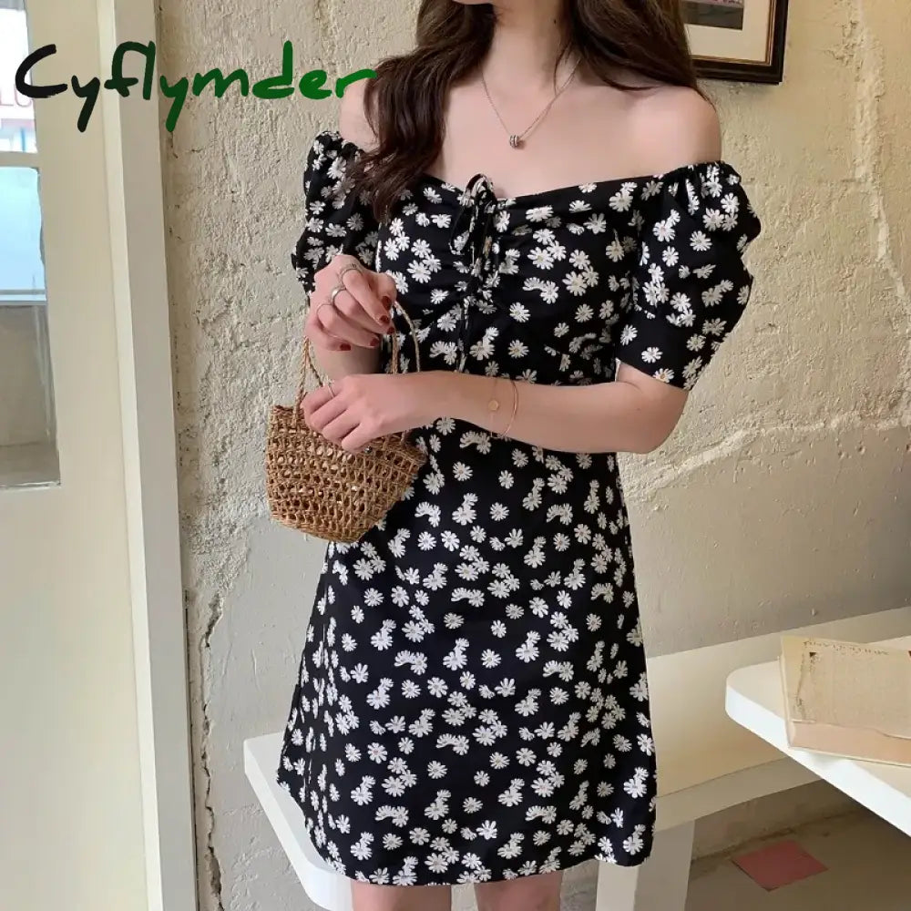 Cyflymder Women Chiffon Mini Dresses Summer Fashion Female Vestidos Skinny Print Floral Shirring