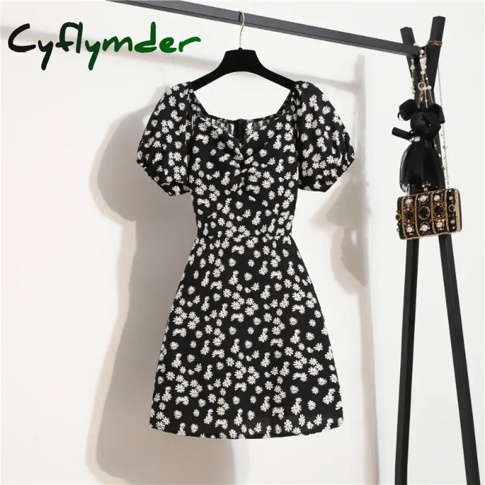 Cyflymder Women Chiffon Mini Dresses Summer Fashion Female Vestidos Skinny Print Floral Shirring