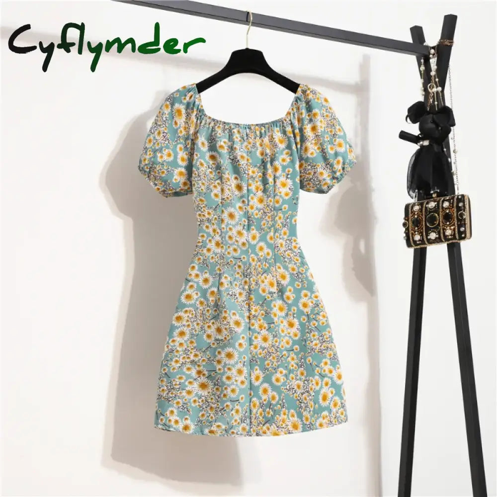 Cyflymder Women Chiffon Mini Dresses Summer Fashion Female Vestidos Skinny Print Floral Shirring