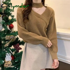 Cyflymder Women Christmas Sweater Autumn Winter Long Sleeved Warm V-Neck Off Shoulder