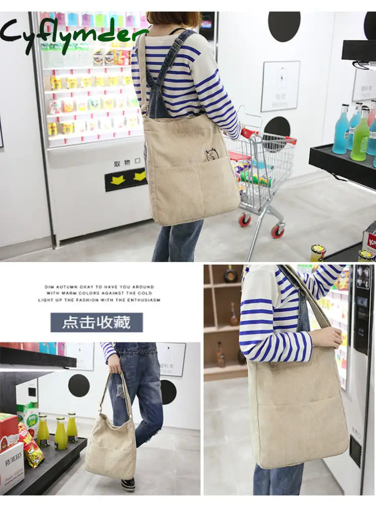 Cyflymder Women Corduroy Shoulder Bag Large Capacity Simple Vintage Canvas Female Solid Color