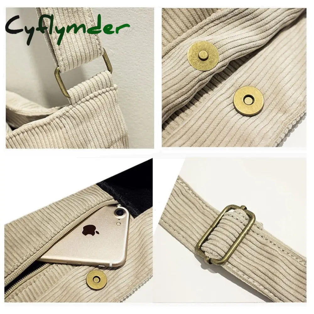 Cyflymder Women Corduroy Shoulder Bag Large Capacity Simple Vintage Canvas Female Solid Color