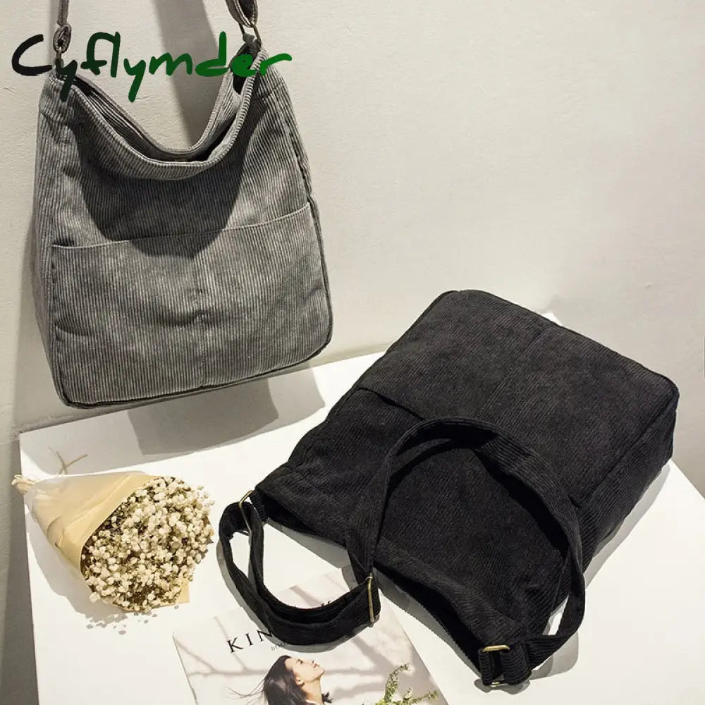 Cyflymder Women Corduroy Shoulder Bag Large Capacity Simple Vintage Canvas Female Solid Color