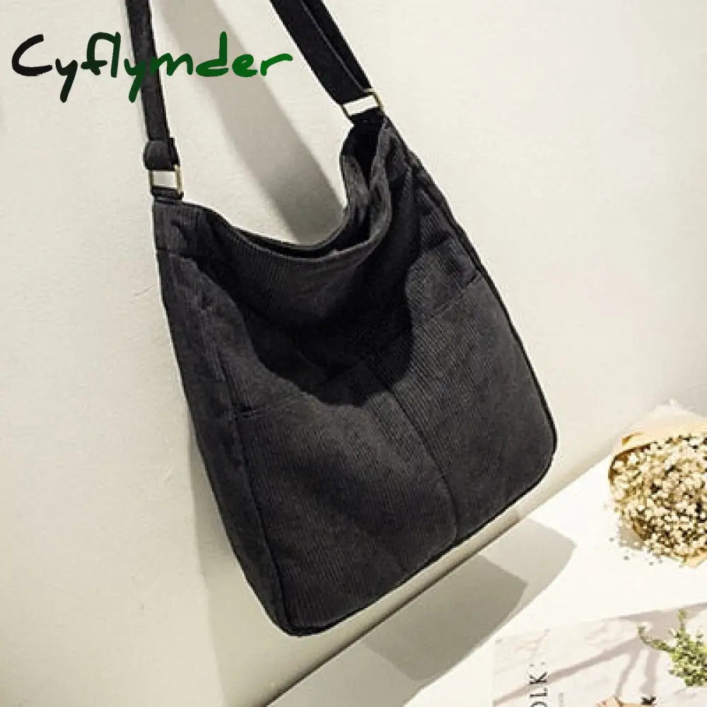 Cyflymder Women Corduroy Shoulder Bag Large Capacity Simple Vintage Canvas Female Solid Color