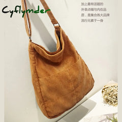 Cyflymder Women Corduroy Shoulder Bag Large Capacity Simple Vintage Canvas Female Solid Color