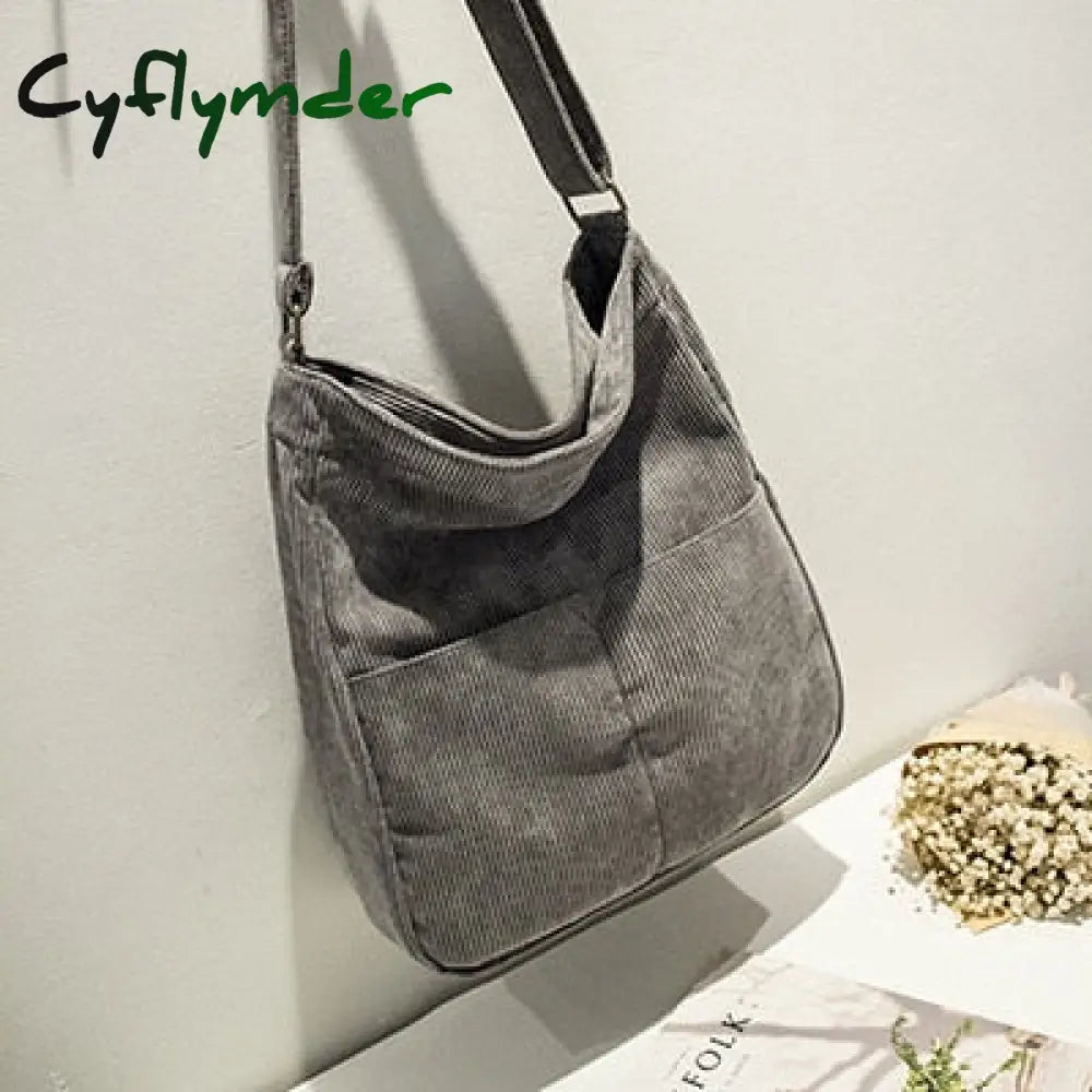 Cyflymder Women Corduroy Shoulder Bag Large Capacity Simple Vintage Canvas Female Solid Color