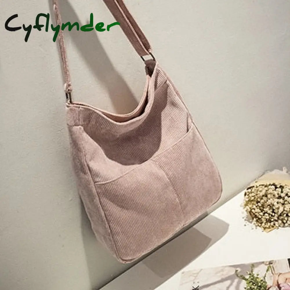 Cyflymder Women Corduroy Shoulder Bag Large Capacity Simple Vintage Canvas Female Solid Color