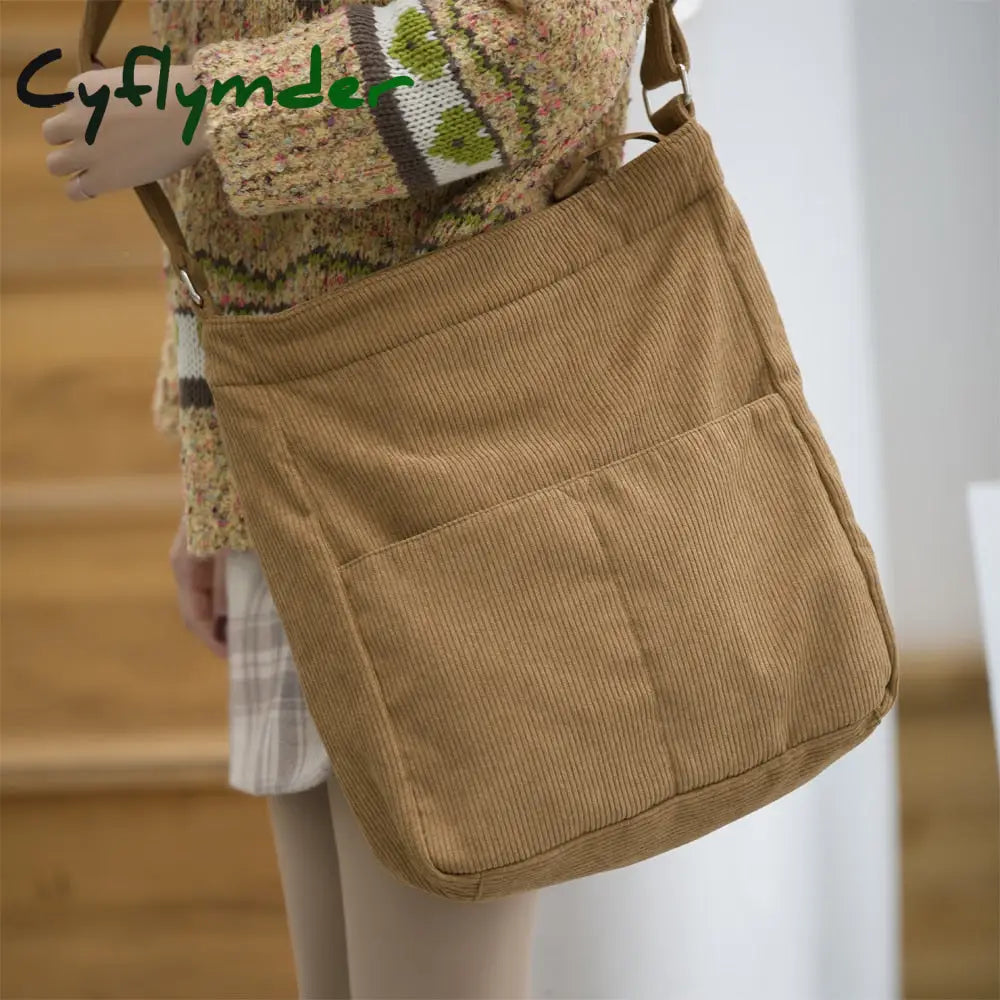 Cyflymder Women Corduroy Shoulder Bag Zipper Large Capacity Simple Canvas Purse Messenger Bags