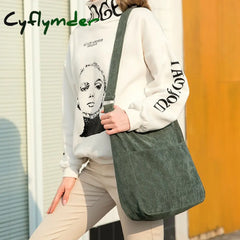 Cyflymder Women Corduroy Shoulder Bag Zipper Large Capacity Simple Canvas Purse Messenger Bags