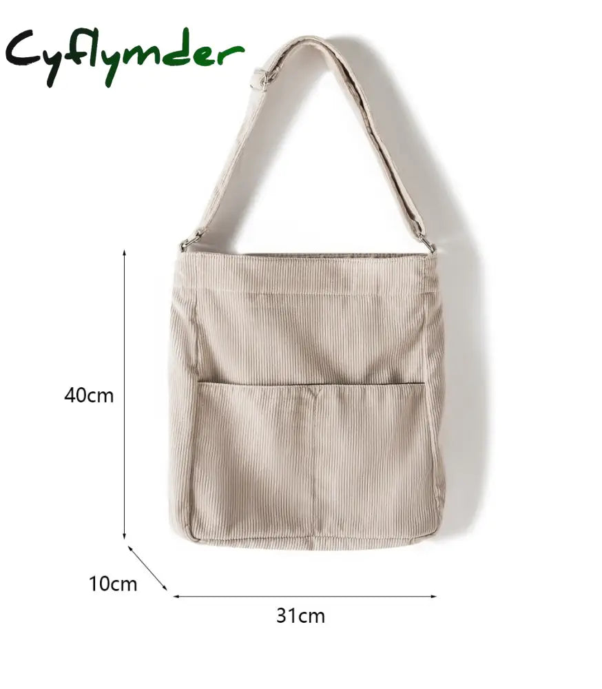 Cyflymder Women Corduroy Shoulder Bag Zipper Large Capacity Simple Canvas Purse Messenger Bags