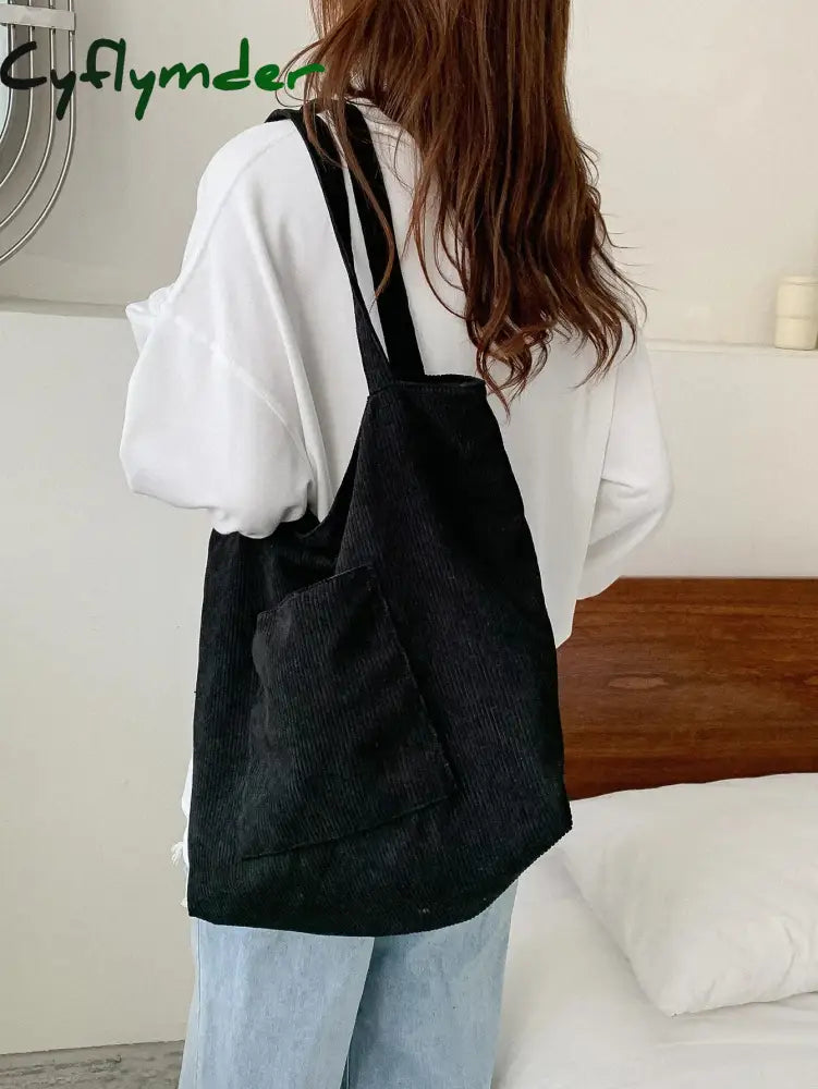 Cyflymder Women Corduroy Tote Bag Large Shoulder Hobo Bags Casual Handbags Big Capacity Shopping Work Bag Black