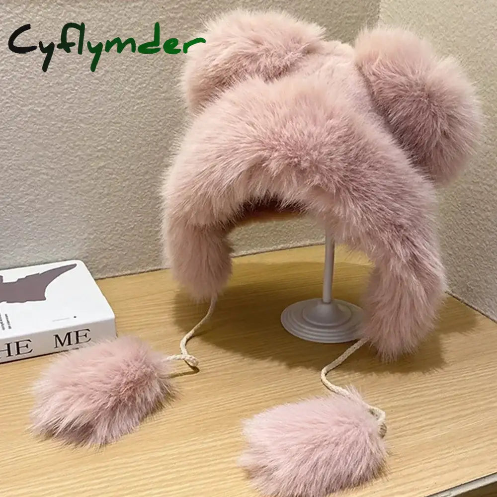 Cyflymder Women Cute Bear Ear Kawaii Fox Fur Hat Imitation Mink Plush Winter Warm Thickened Japanese Bomber Hat Ear