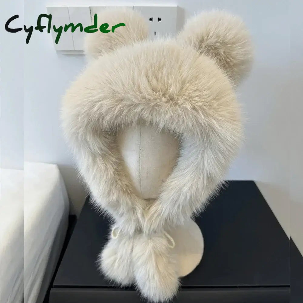 Cyflymder Women Cute Bear Ear Kawaii Fox Fur Hat Imitation Mink Plush Winter Warm Thickened Japanese Bomber Hat Ear