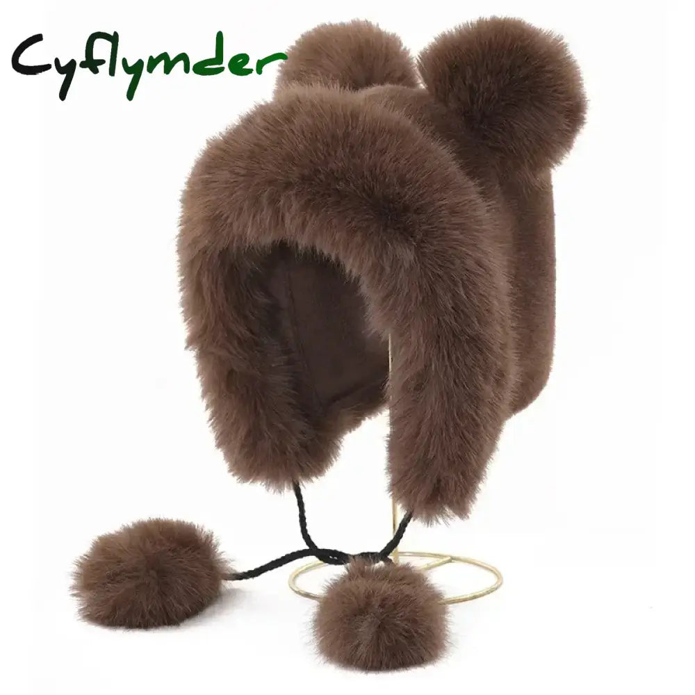 Cyflymder Women Cute Bear Ear Kawaii Fox Fur Hat Imitation Mink Plush Winter Warm Thickened Japanese Bomber Hat Ear