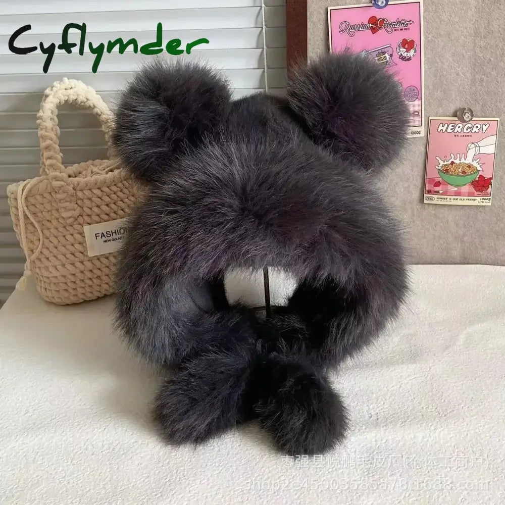 Cyflymder Women Cute Bear Ear Kawaii Fox Fur Hat Imitation Mink Plush Winter Warm Thickened Japanese Bomber Hat Ear