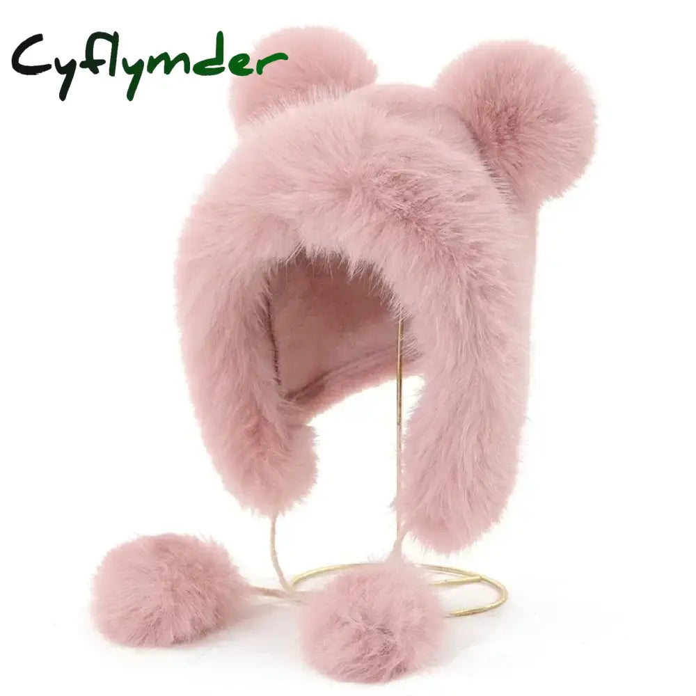 Cyflymder Women Cute Bear Ear Kawaii Fox Fur Hat Imitation Mink Plush Winter Warm Thickened Japanese Bomber Hat Ear