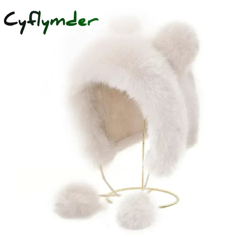 Cyflymder Women Cute Bear Ear Kawaii Fox Fur Hat Imitation Mink Plush Winter Warm Thickened Japanese Bomber Hat Ear