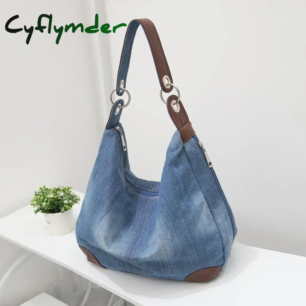 Cyflymder Women Denim Tote Bag Casual Canvas Jean Large Capacity Top Handle One Shoulder Bags