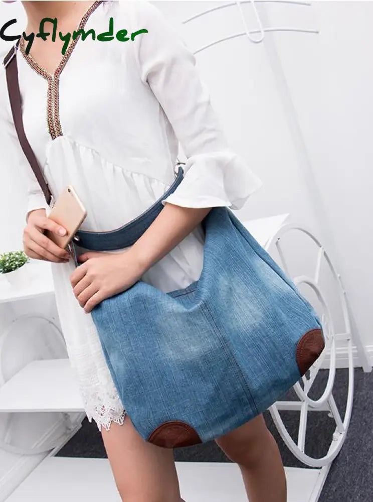 Cyflymder Women Denim Tote Bag Casual Canvas Jean Large Capacity Top Handle One Shoulder Bags