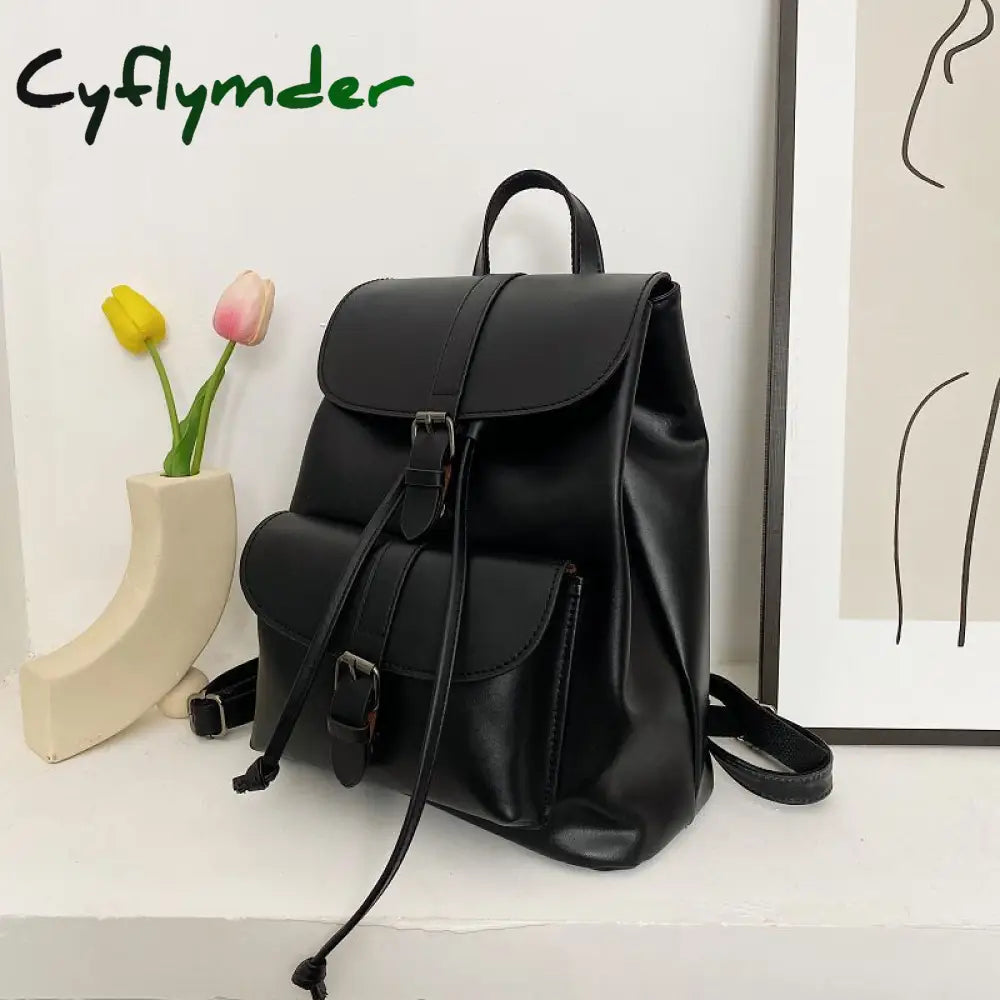 Cyflymder Women Drawstring Backpack Pu Leather School Bags Teenage Girls Belt Decoration Backpacks