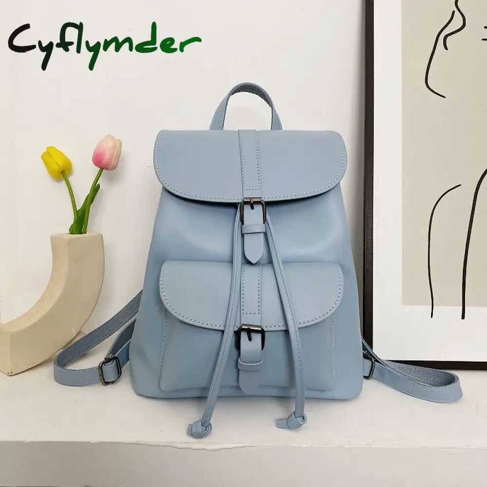 Cyflymder Women Drawstring Backpack Pu Leather School Bags Teenage Girls Belt Decoration Backpacks