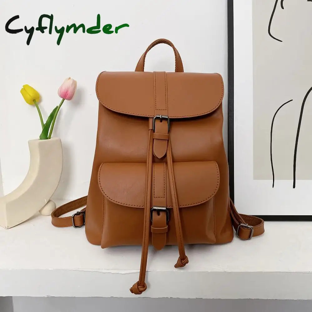 Cyflymder Women Drawstring Backpack Pu Leather School Bags Teenage Girls Belt Decoration Backpacks