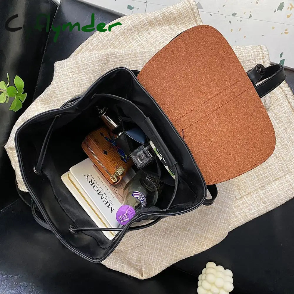 Cyflymder Women Drawstring Backpack Pu Leather School Bags Teenage Girls Belt Decoration Backpacks
