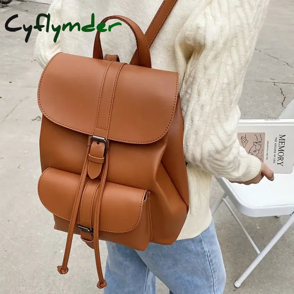 Cyflymder Women Drawstring Backpack Pu Leather School Bags Teenage Girls Belt Decoration Backpacks