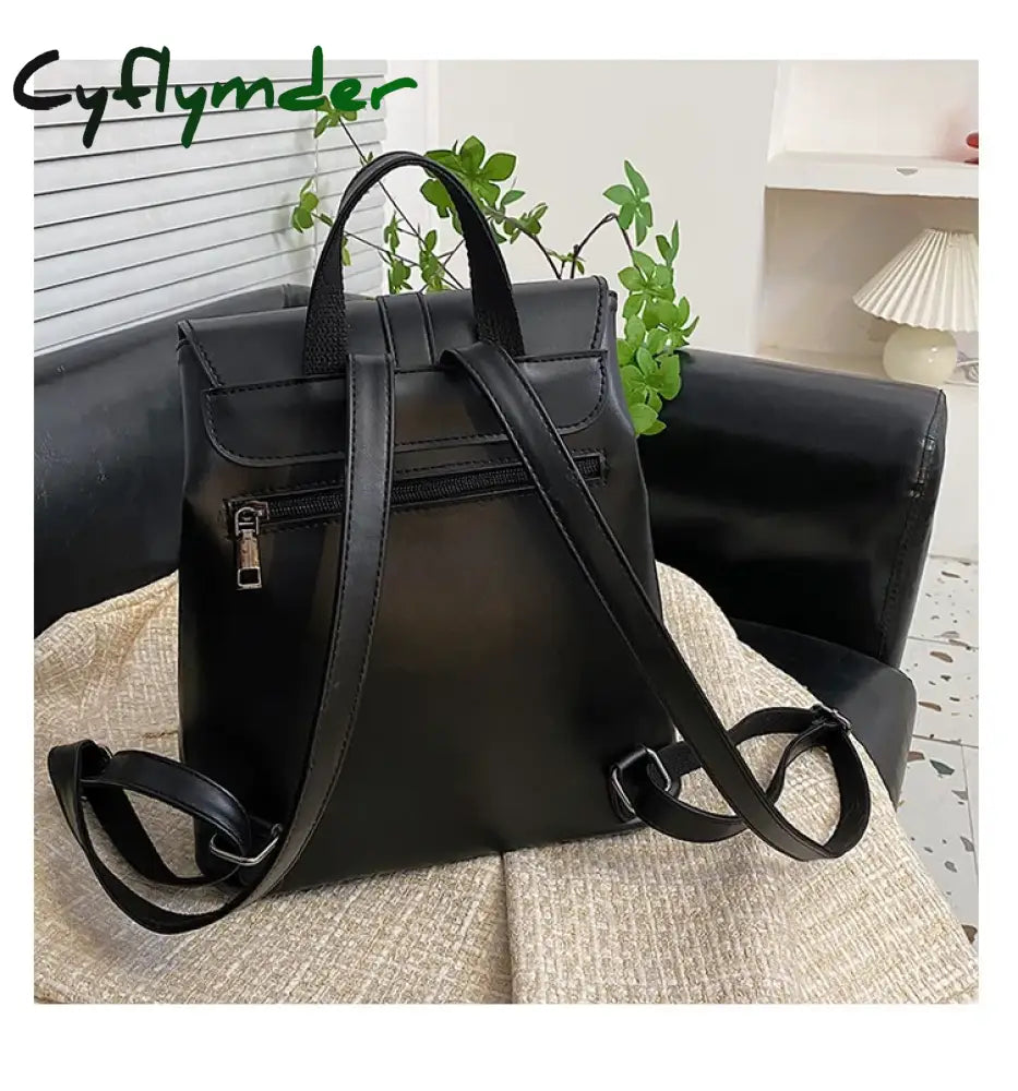 Cyflymder Women Drawstring Backpack Pu Leather School Bags Teenage Girls Belt Decoration Backpacks