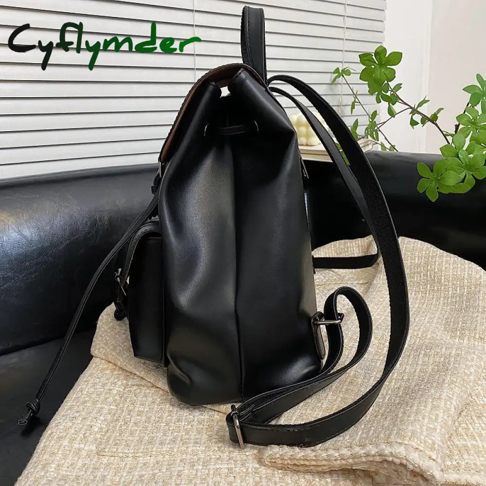 Cyflymder Women Drawstring Backpack Pu Leather School Bags Teenage Girls Belt Decoration Backpacks