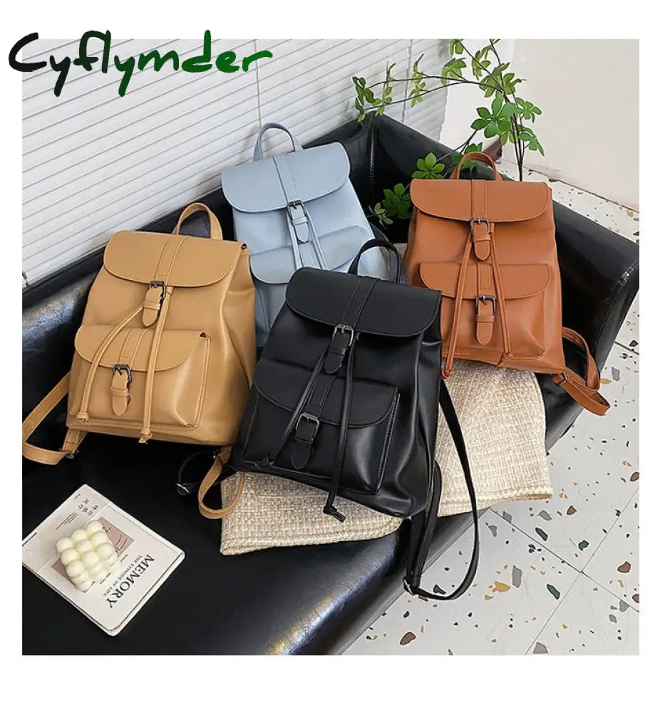 Cyflymder Women Drawstring Backpack Pu Leather School Bags Teenage Girls Belt Decoration Backpacks